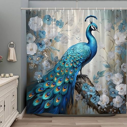 ZZYSKS Cortina de ducha de pavo real asiático, hermosos pájaros, azul, blanco, floral, flores silvestres, plantas retro, vintage, tela de poliéster