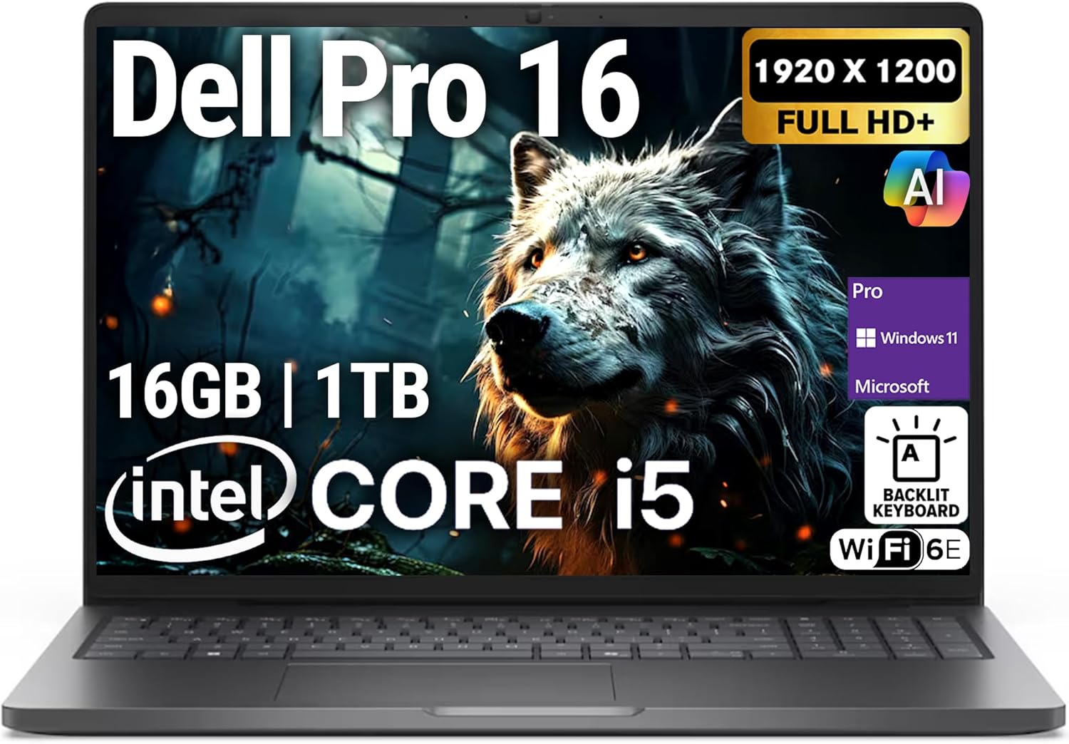 Dell Pro 16 PC16250 (Replaces Latitude 3550) 16” WUXGA Display Business Laptop, Intel i5-120U, 16GB DDR5 RAM, 512GB SSD PCIe, WiFi 6E + BT, RJ-45, Backlit Keyboard, HD Webcam, Windows 11 Pro - Black