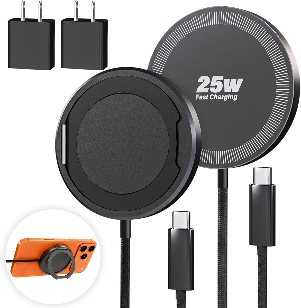 2Pack Magnetic Wireless iPhone Charger Fast Phone Charger with Stand, 6FT 25W Fast Phone Charging Pad Wireless Magnetic Charge for iPhone 17/17Air/16 Pro Max/16 Plus/15 Pro Max/AirPods3/2/Pro Black