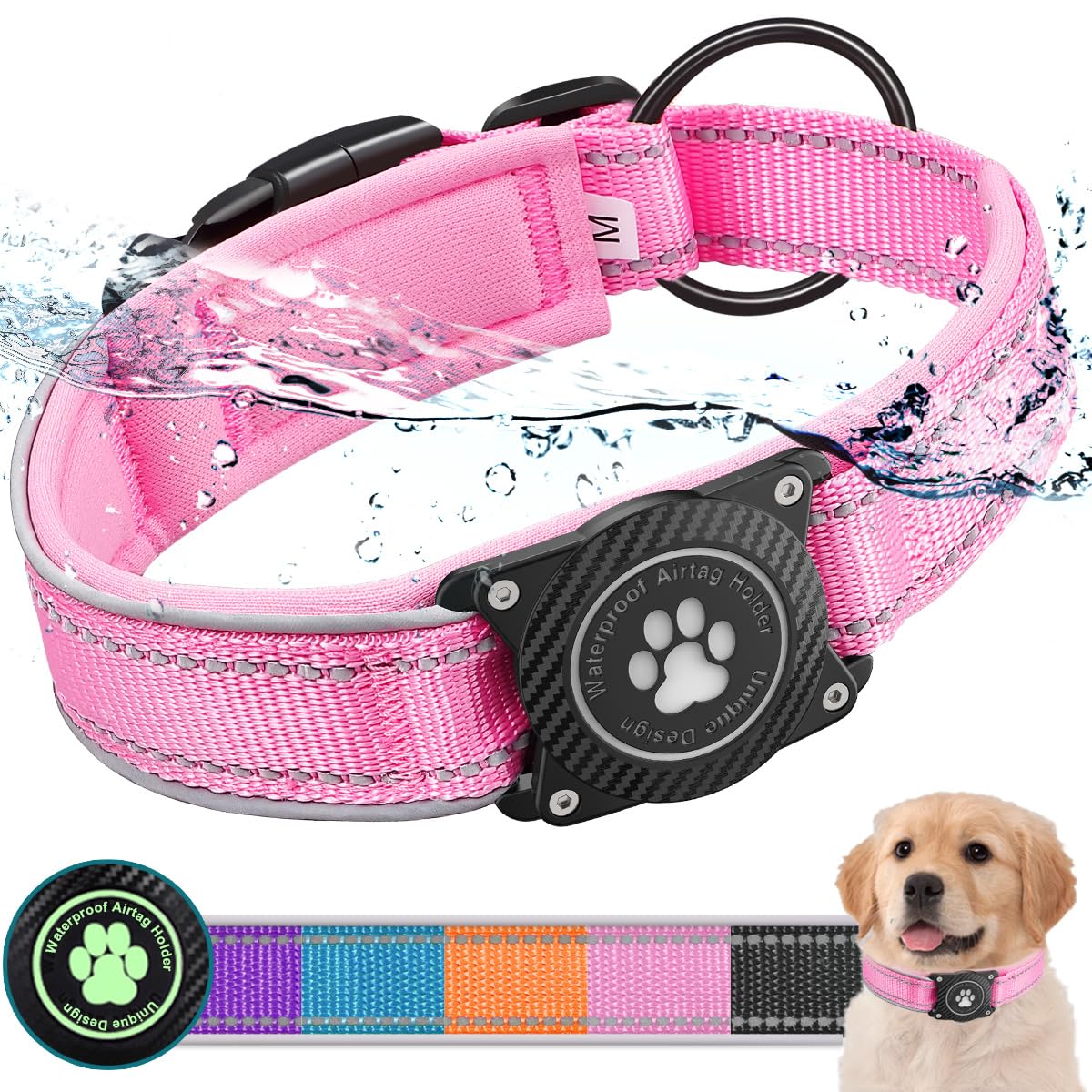 Ytanest AirTag Collar Perro Impermeable Integrado Luminoso Soporte de Apple Air Tag Reflectante Anti-Pérdida Protección, Rosa 02, M — view 10