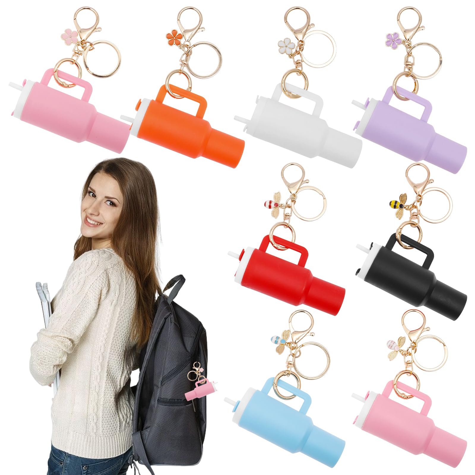 8Pcs Mini Tumbler Key Chains Charm, Adorable Playful, Detachable Lip Balm Holder Mini Tumbler, Key Chain Lipstick Holder Charms for Backpacks, Wallets, Handbags, Car Keys