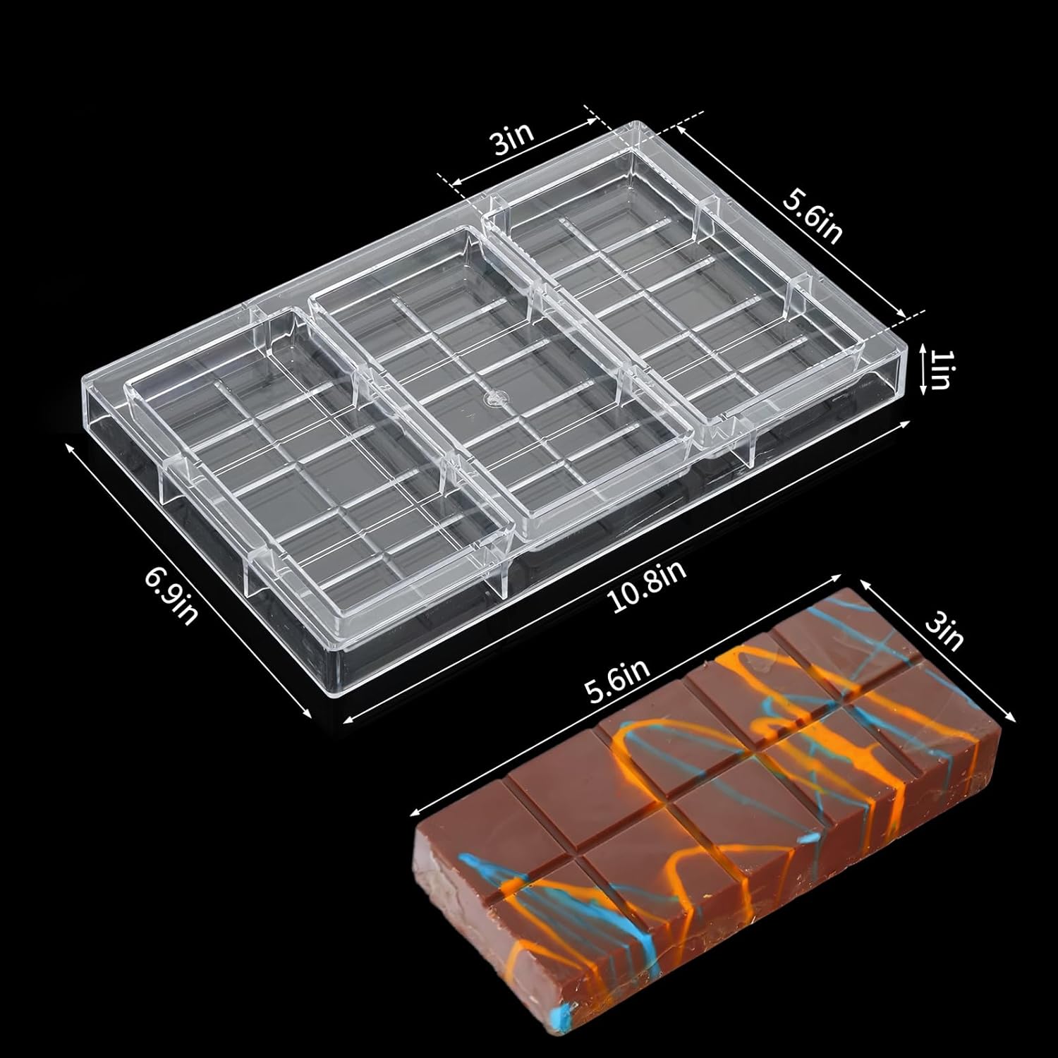 Polycarbonate Mold For Dubai Chocolates Making 3-Cavities Deep Professional Chocolate Bar Mold Filling Break Apart PC Candy Chocolate Bar Mould for Dubai Bars Energy Bar Maker Candy Mould - Image 2