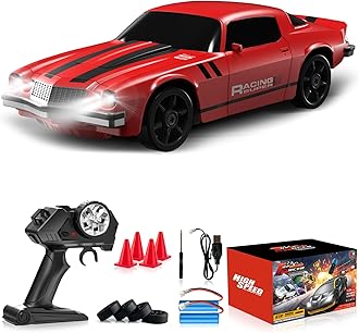 LFOLUSU Remote Control Car RC Drift Car 2.4GHz 1:24 4WD 15KM/H High Speed Racing Sport Car with LED Lights Drifting Tire Racing Sport Toy for Adults Boys Girls Kids Gift 2Pcs Rechargeable Batteries