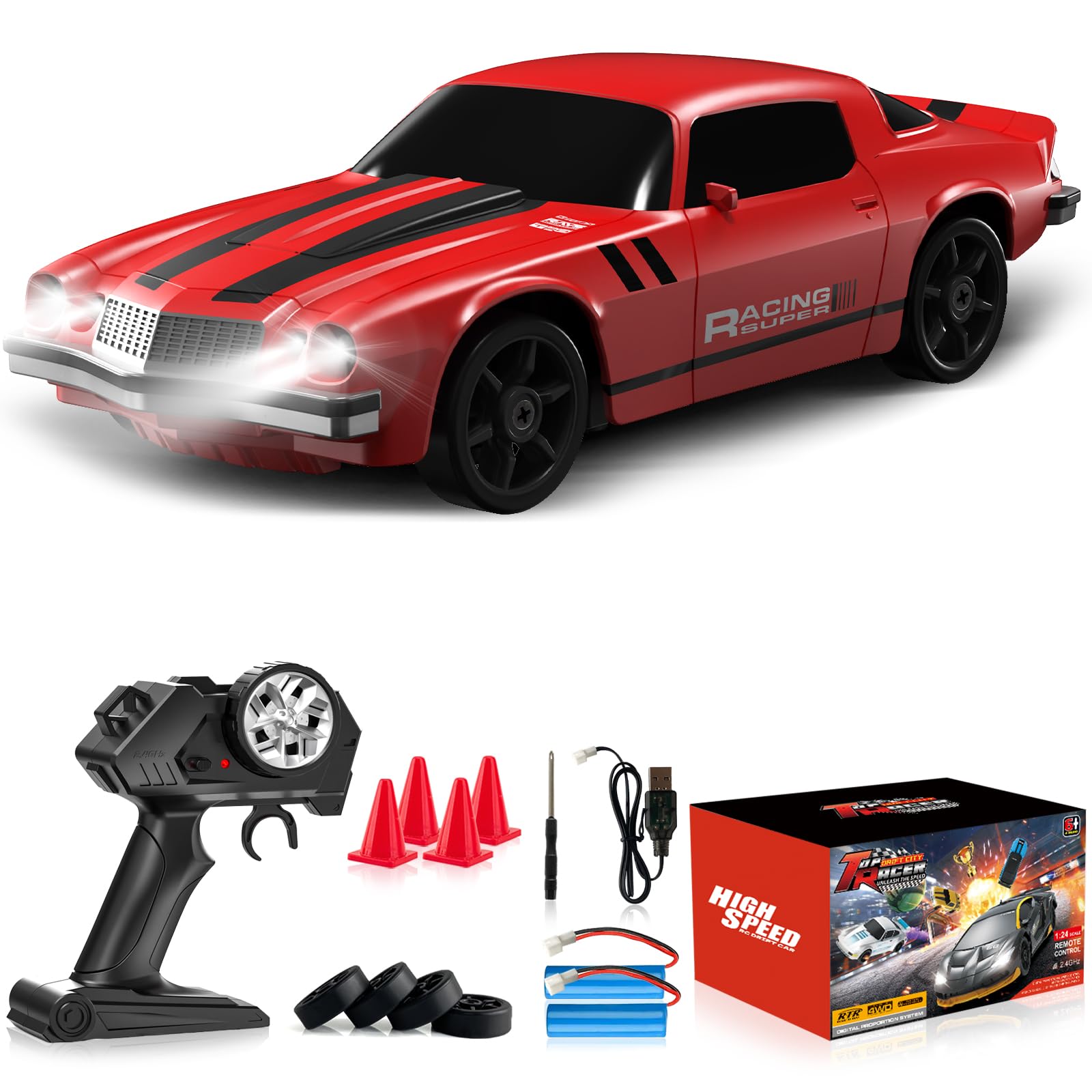 LFOLUSU Remote Control Car RC Drift Car 2.4GHz 1:24 4WD 15KM/H High Speed Racing Sport Car with LED Lights Drifting Tire Racing Sport Toy for Adults Boys Girls Kids Gift 2Pcs Rechargeable Batteries