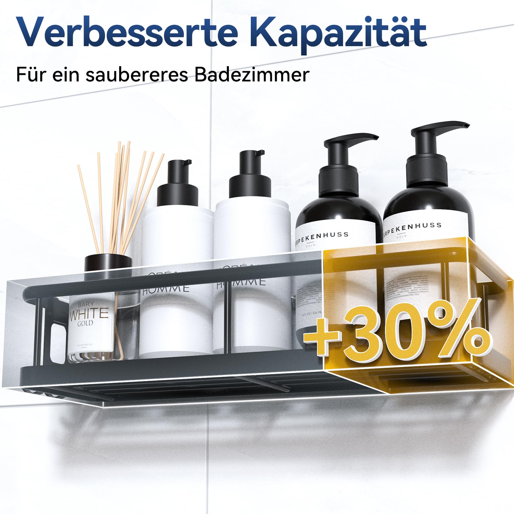 YASONIC Juego de estantes de ducha sin taladrar, 100% inoxidable (6 piezas) | Organizador de baño de gran capacidad, estantería de baño sin taladrar, drenaje rápido del agua, capacidad de carga