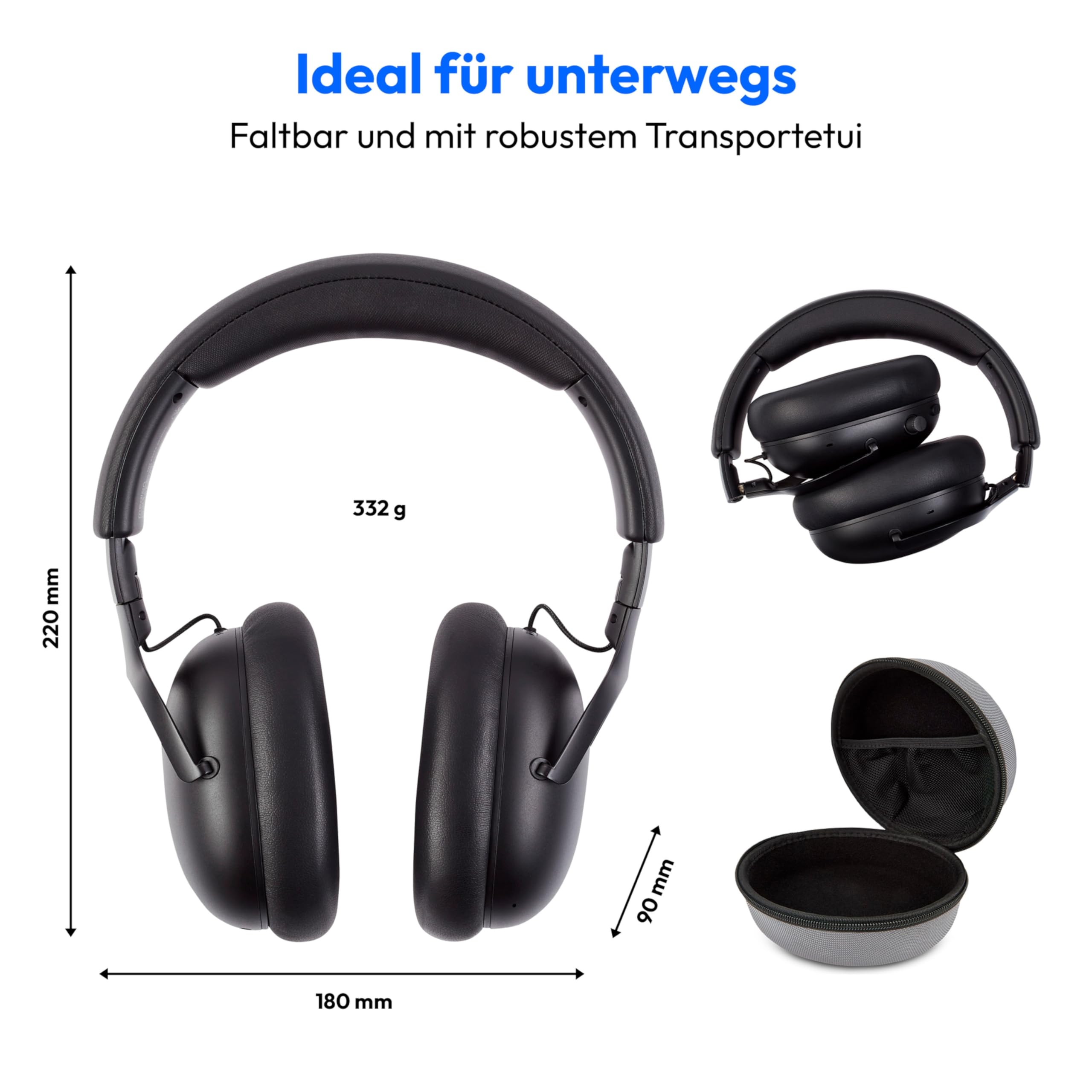 MEDION Over Ear Kopfhörer HX-1 Plus (kabellos, Feed Forward Noise Cancelling, Bluetooth 6.0, Wireless, 5+1 EQ Presets, bis zu 100 Stunden Akkulaufzeit, IPX4 Spritzwasserschutz) schwarz