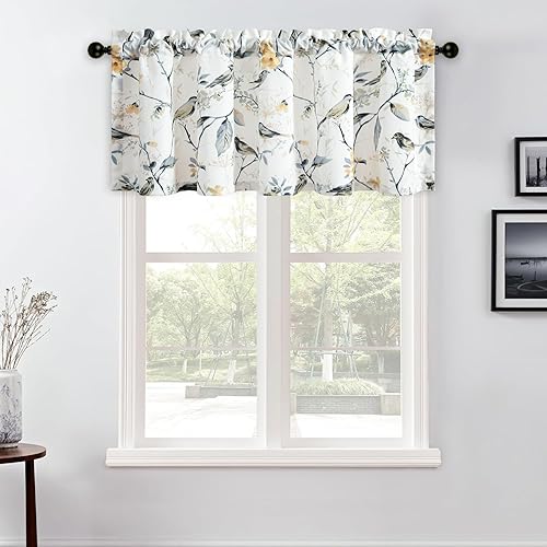 Miniatura 161 de VOGOL Cenefas con patrón de pájaros para ventanas de cocina, cenefa texturizada de lino con estampado floral y pájaros para ventanas pequeñas