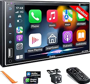 SJoyBring Upgrade Wireless Double Din Car Stereo with Apple CarPlay, Android Auto, Bluetooth, 4-Channel RCA, 2 Subwoofer Ports, High Power 60W*4, 7" HD Touchscreen Car Radio Receiver, Backup Camera