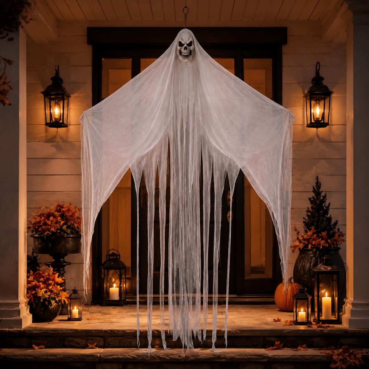 2M Giant Floating Skull Halloween Decoration, Hanging Ghost with Scary Skull Face, White Draped Fabric Spooky Indoor Party Prop for Haunted House, Doorway, Ceiling and Halloween Display
