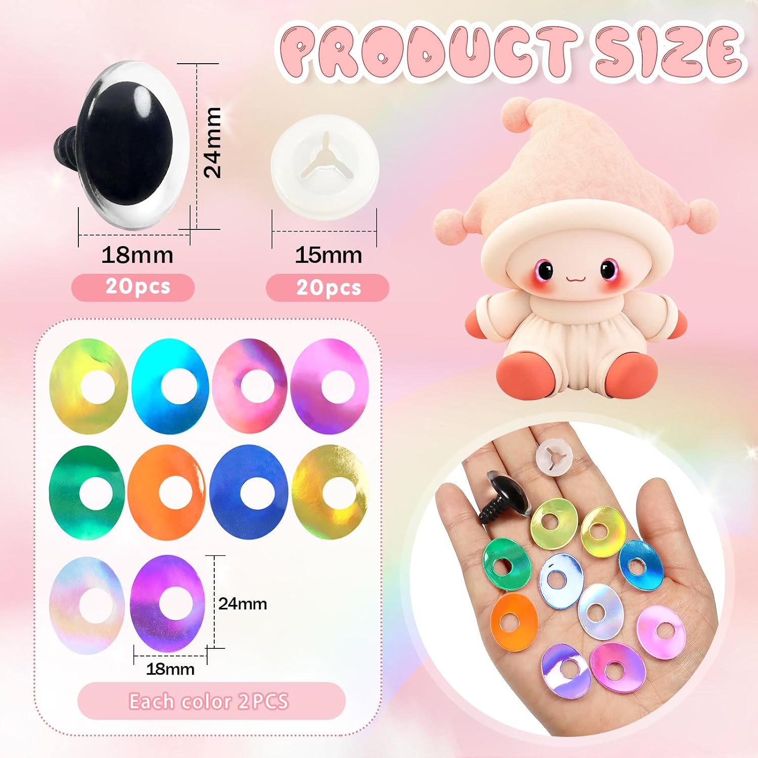 TOAOB 20pcs Glitter Safety Eyes for Amigurumis Oval 18 x 24mm Crochet Doll Eyes with Washers 10 Colors for DIY Puppet Stuffed Animals Making
