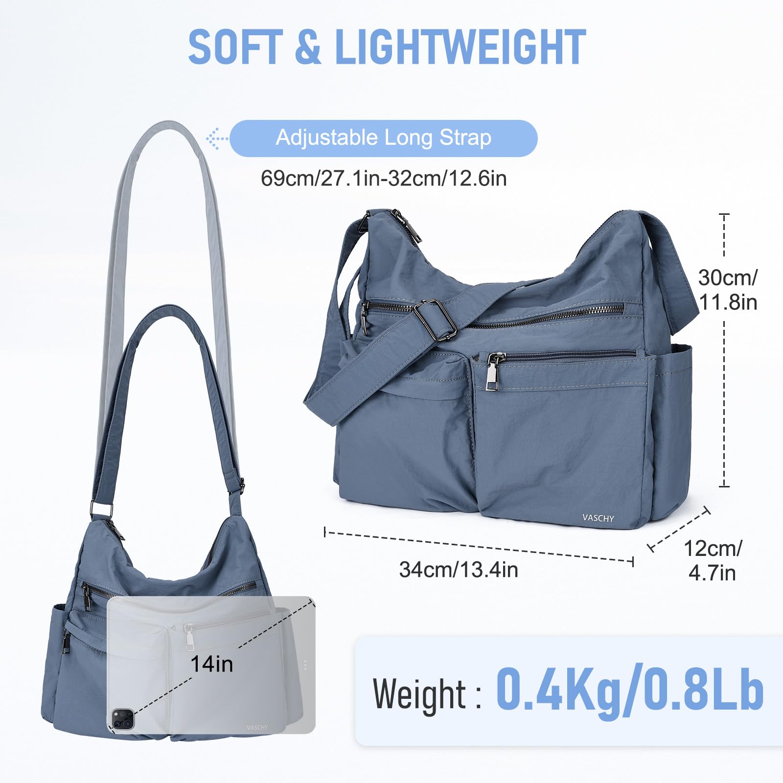 VASCHY Bolso Bandolera Mujer Ligero Impermeable, Bolso Universidad Mujer Casual Bolso Cruzado Múltiples Bolsillos con RFID Antirrobo para Oficina Colegio Viaje