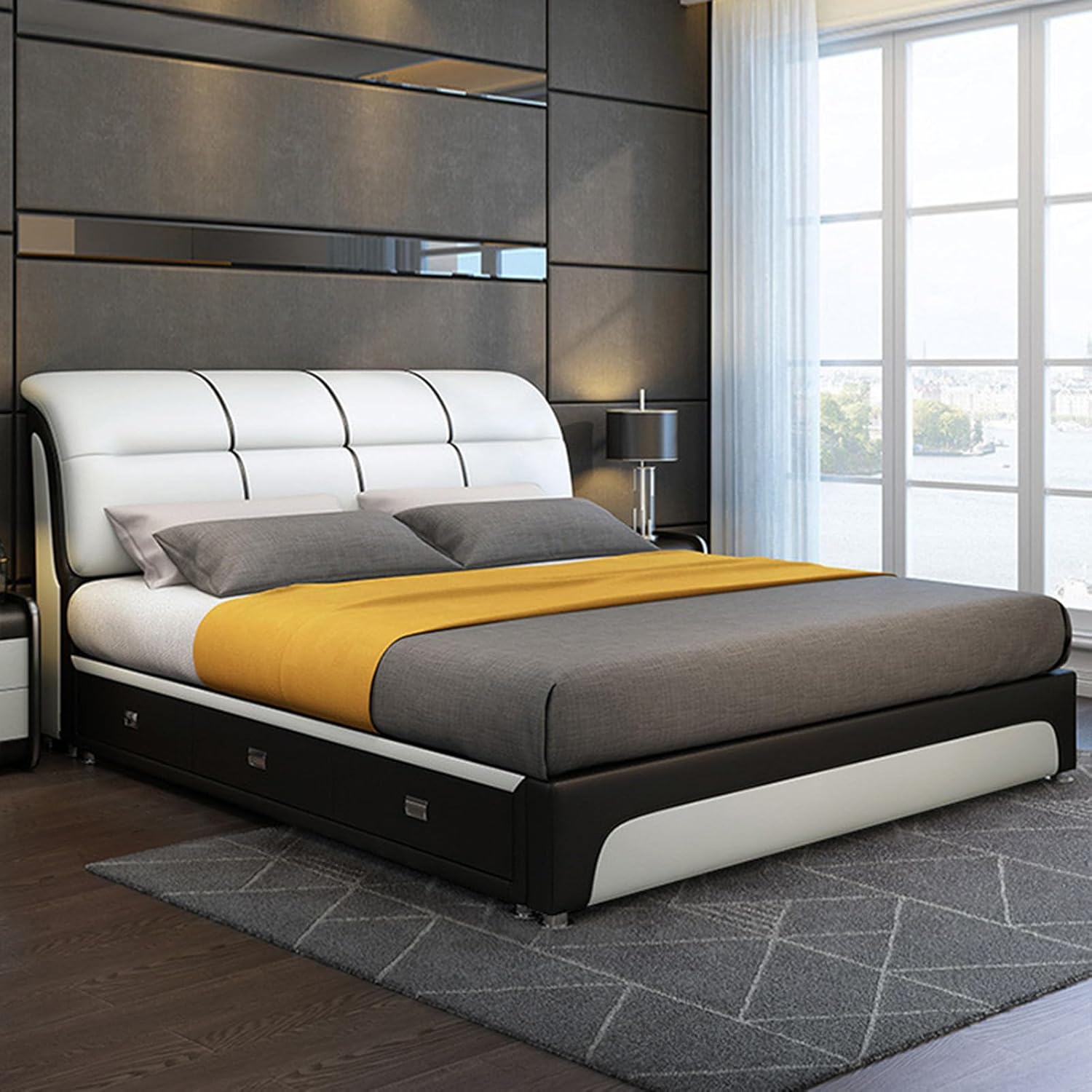 OUDINI Modern and Simple Leather Bed Frame Queen Modern King Size Upholstered Platform Bed Frame Strong Wood Slats Support No Box Spring Needed