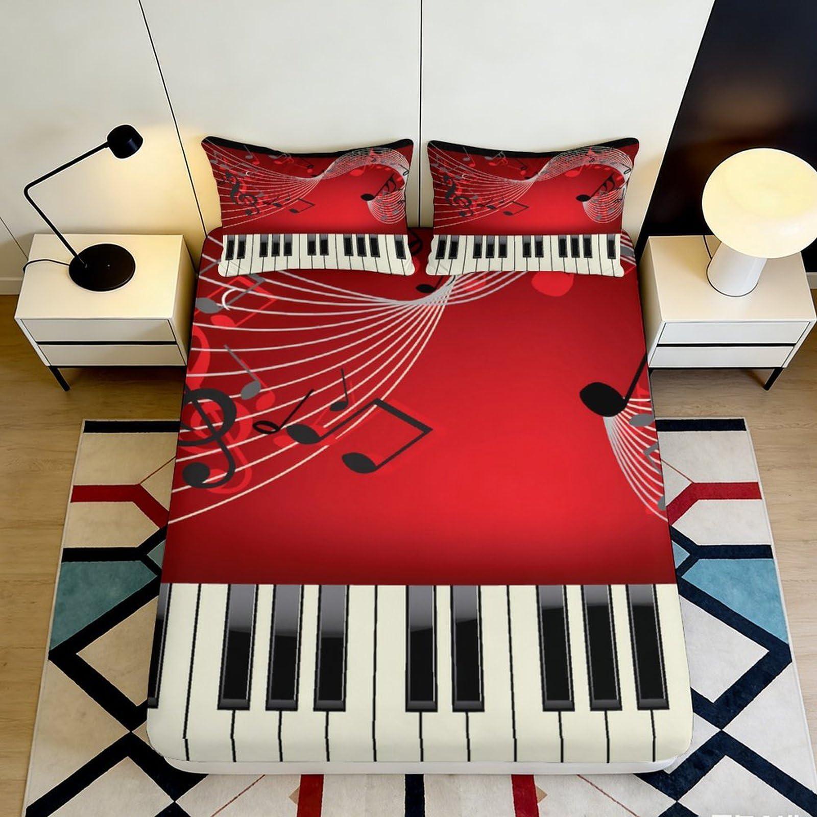 3D Printed Musical Notes Fitted Sheet Microfiber Soft Breathable Piano Keys Bed Cover for Bedroom Dormitory Guest Room Mattress Protection Decor 200x200x25cm