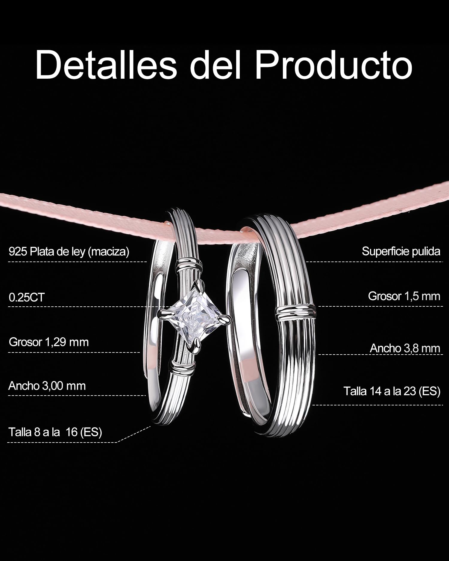 Meissa Anillos de Compromiso Alianzas de Plata Pareja de Ley 925 Con Circonita Redonda y Diseño Clásico Anillos Ajustables para Ella y Él Boda Aniversario Regalo