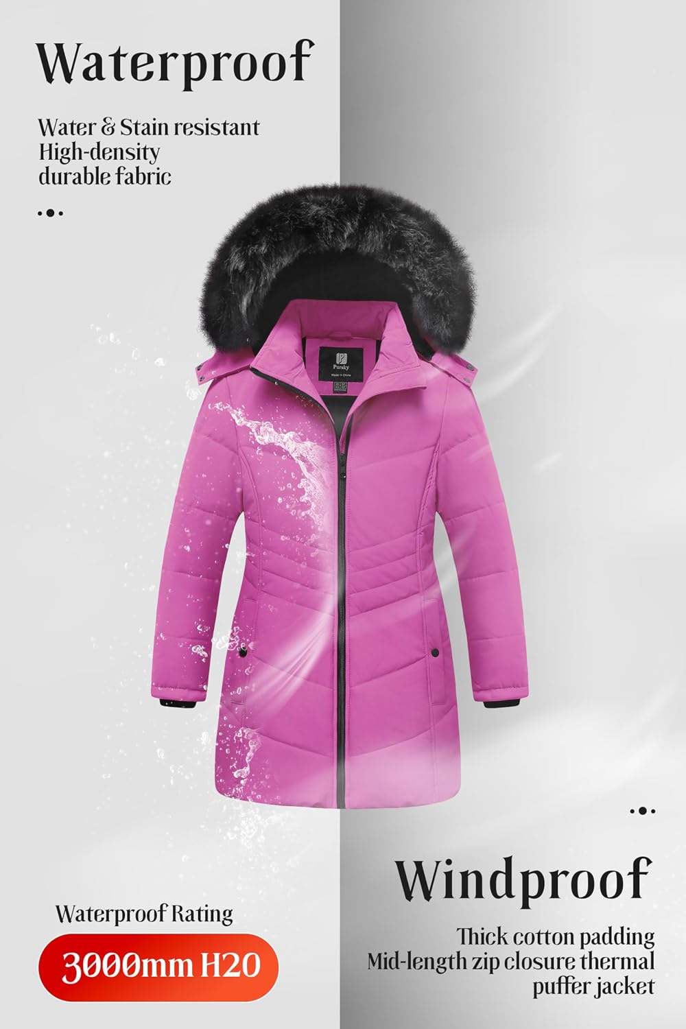 Pursky Girls' Warm Winter Coat Long Parka Fleece Lined Waterproof Puffer Jacket With Removable Hood