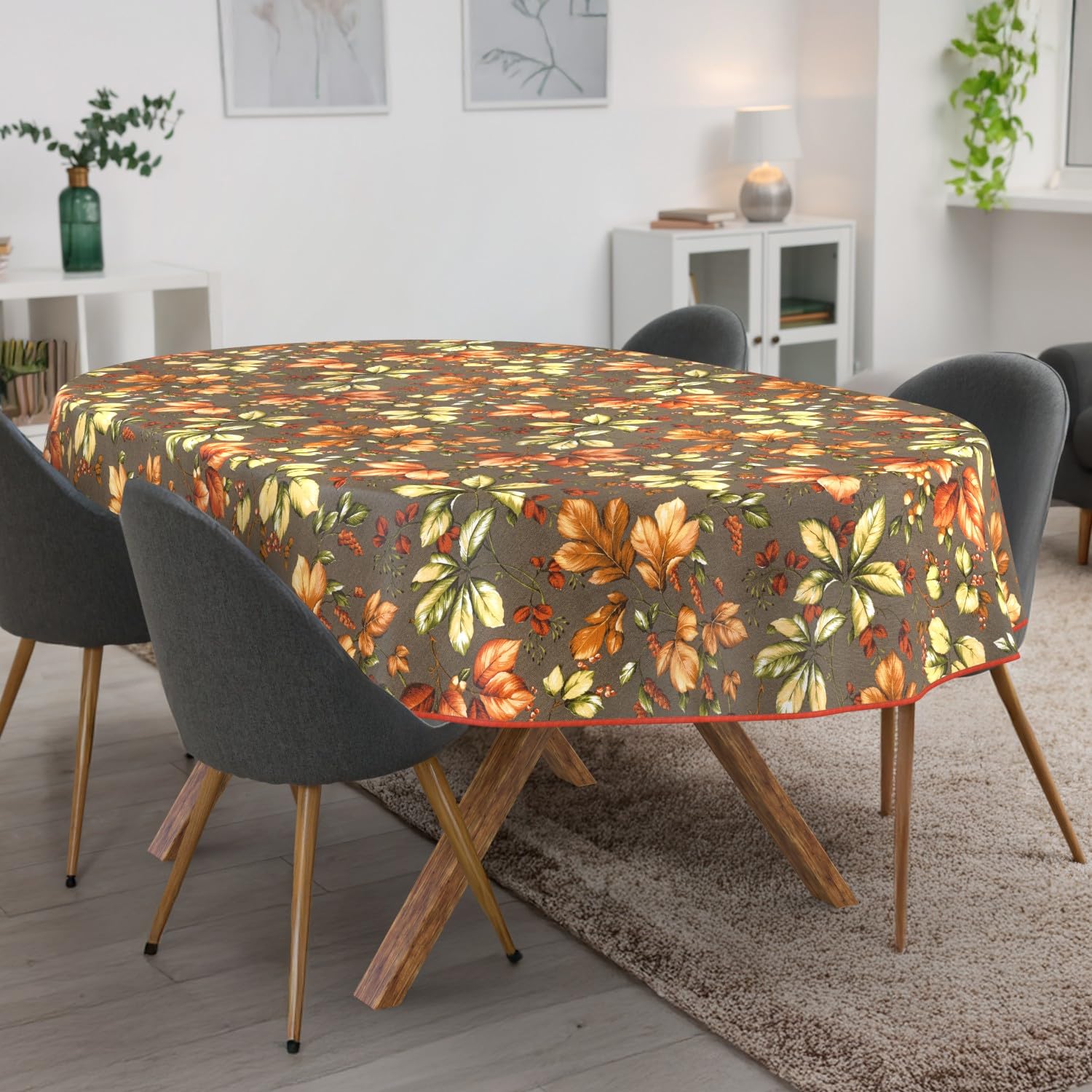 ANRO Tischdecke abwaschbar Herbst mit Saum oval 220x140 cm Tischwäsche