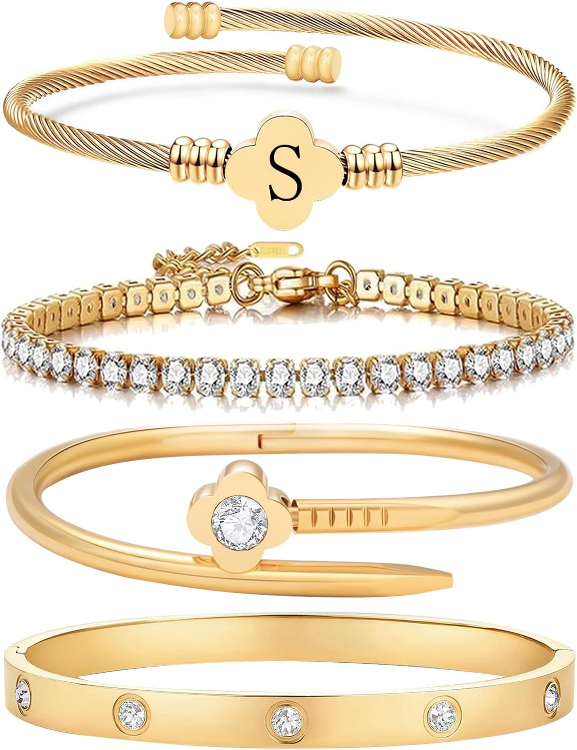 4Pcs Gold Bracelets for Women, 14K Gold Plated Stackable Bangle Bracelet Set Personalized Flower Stainless Steel Stackable Letter Bracelet Set for Women