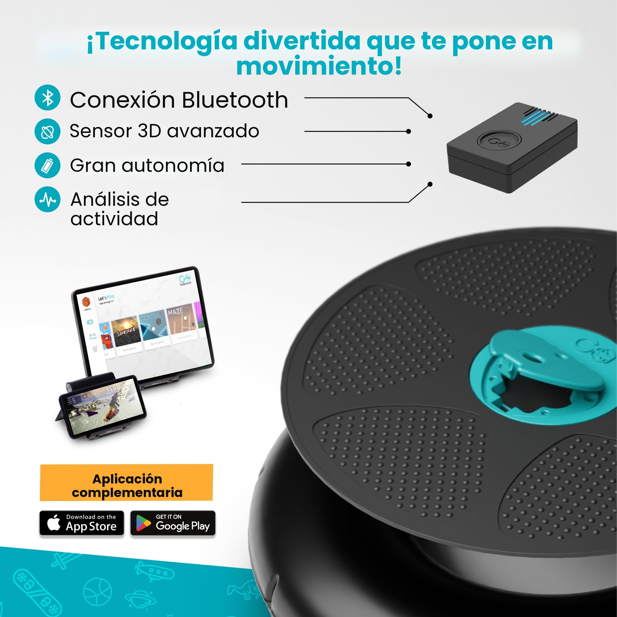 GoBalance Play 12 juegos conectados Divertido, coordinación y equilibrio Sensor de movimiento Bluetooth integrado