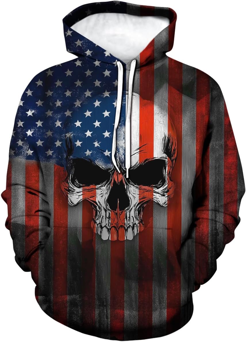 Men's USA Skull Hoodies 3D American Flag Skeleton Sweatshirt Hooded Patriotic Long Sleeve Pullover Shirt