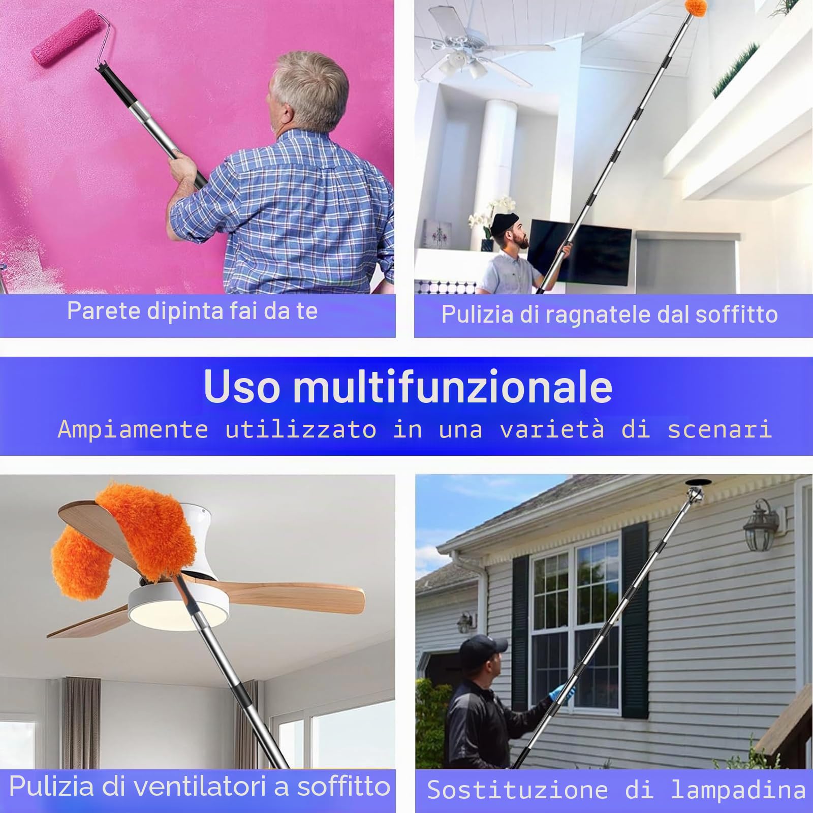 Asta estensibile per rullo da pittura 3,6 m/11,8 piedi, asta telescopica in acciaio inossidabile leggera a 10 segmenti, asta estensibile con adattatore affusolato, asta estensibile per rullo per