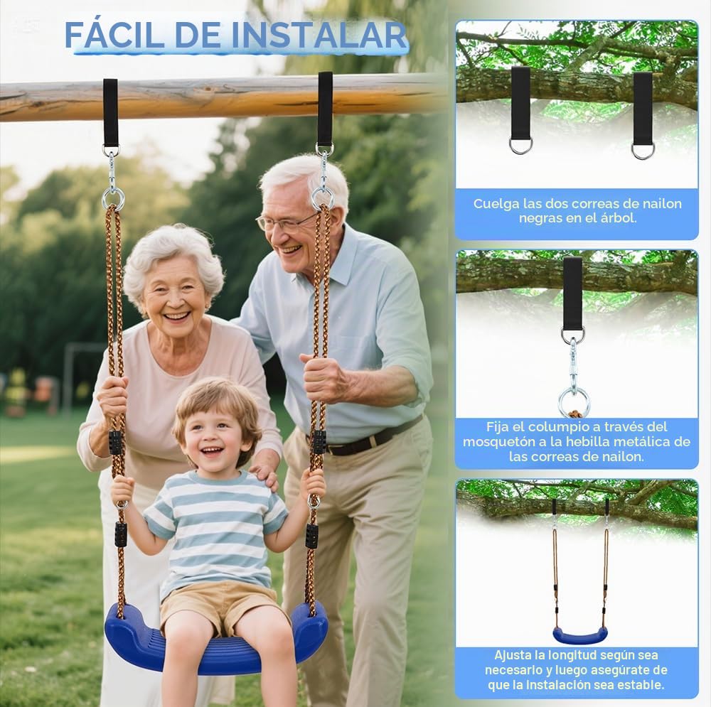 Vdealen Columpio de Exterior, Columpio Infantil Regulable en Altura para el jardín, Accesorios con 2 Correas de Hamaca y 2 mosquetones para Zonas de Juego Infantiles al Aire Libre.