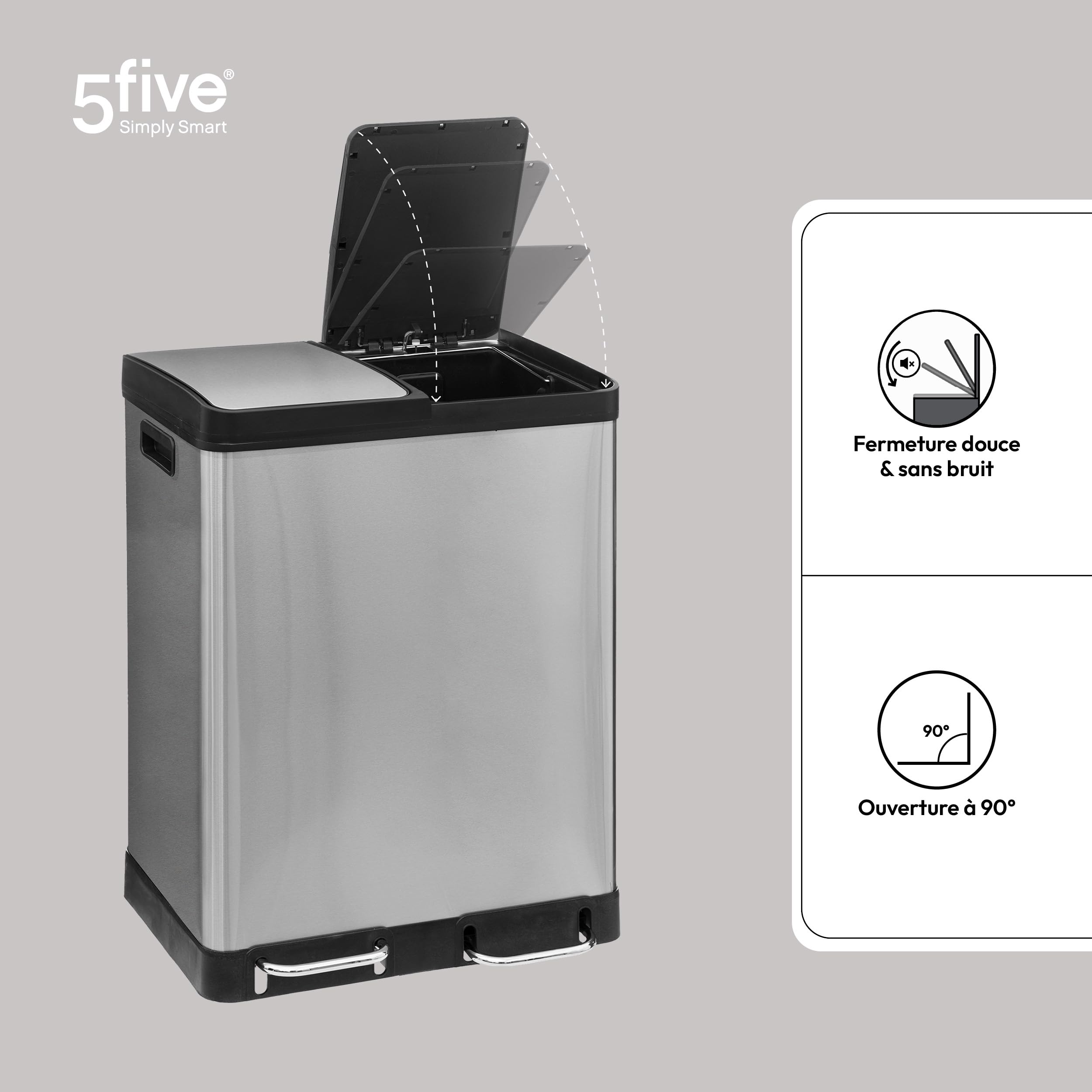 5Five - Poubelle de Tri Sélectif Double Compartiment Ariane - 2x30L en Acier Inoxydable - Seaux amovibles - Large Pédale en Métal, Fermeture Silencieuse, Poignées et Fixation pour Sac Poubelle