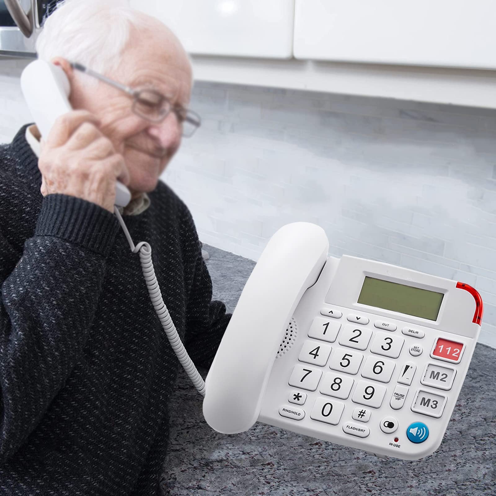 IBOWZ Telefono Fisso Telefono a Pulsanti Grandi per Anziani,Telefono Fisso con Filo,Funzione Sveglia,Funzione Vivavoce,Suono Chiaro,Perfetto per Gli Anziani,con Display ID chiamante Telefono Fisso