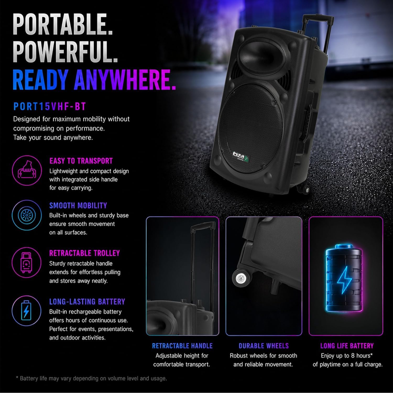 Ibiza Sound Enceinte Sono Portable 15" 800W Batterie Bluetooth Karaoké 2 Micros VHF Main Tête 2 Jeux Lumières OVNI