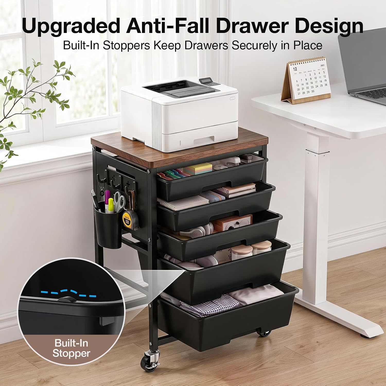 ALVOROG Rolling Storage Cart with 5 Drawers,Pegboards,Wooden Top,Bins,Black image 3