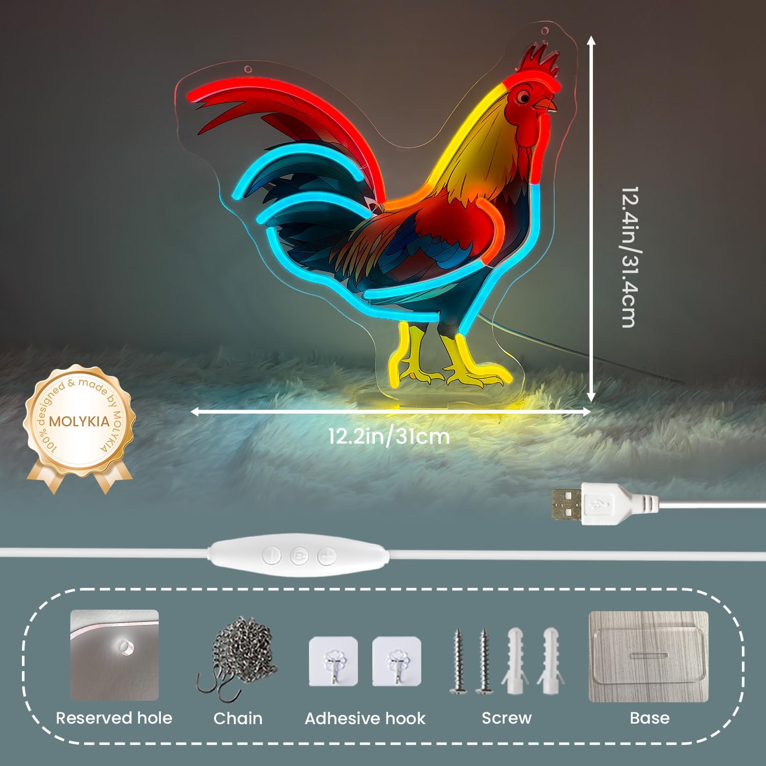 Rooster Neon Sign Chicken Light Up Signs Lighted Farmhouse Neon Signs with Base for Bedroom Dorm Garage Man Rirlss Cave Home Bar Theater Game Living Room Kitchen Wall Tabletop Decor Art Gifts image 2