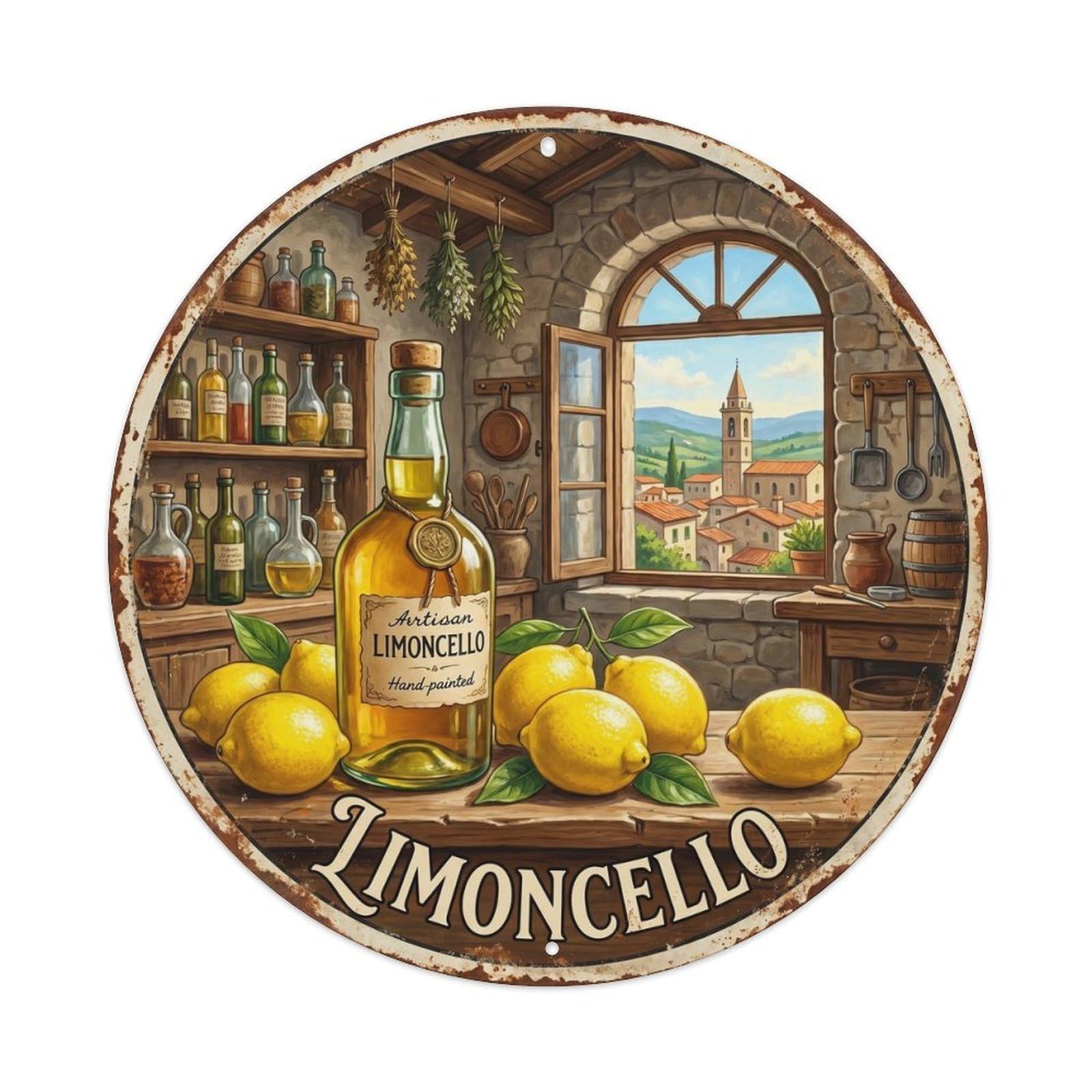 Fqcyn Style Handcrafted Limoncello Haven Metal Tin Sign Plaque Wall Decor For Cafe, Club Bar, Office, Home Garden Round Metal Poster 8X8inch