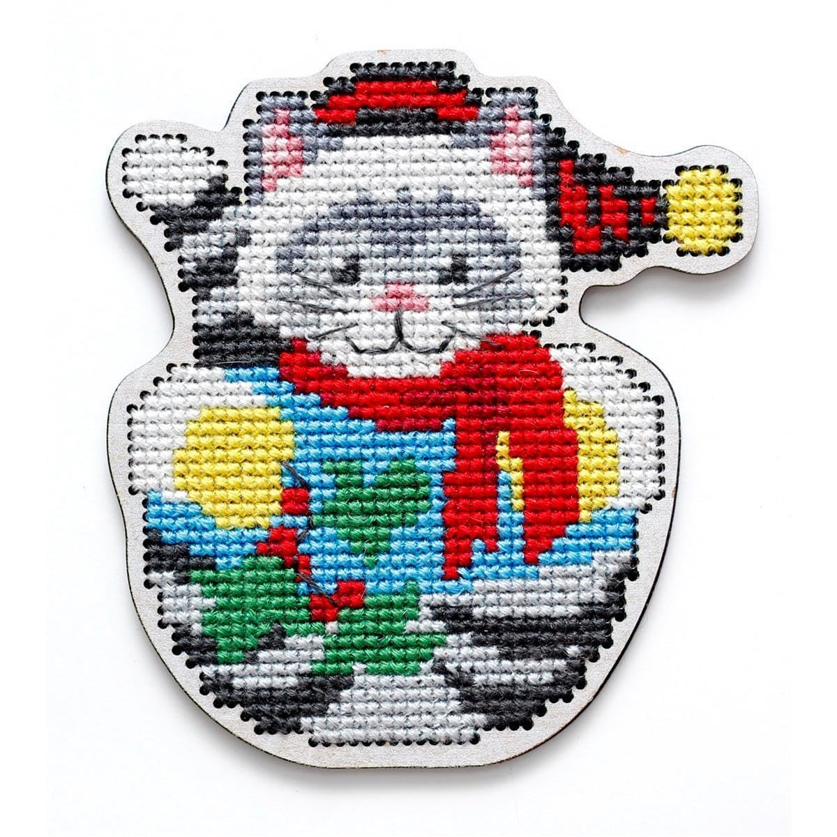 Rto Multicoloured Ehw038 Cat Cross Stitch Kit On Wooden Board Cotton Multi-Coloured 8.1X8.9 Cm