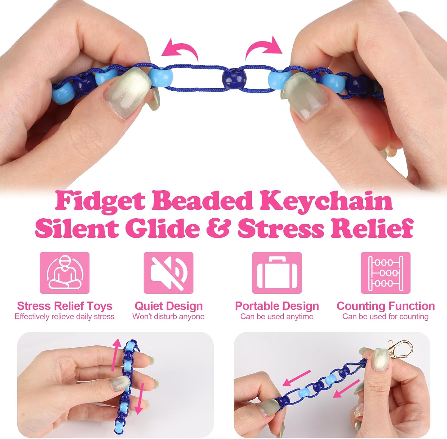 3 Pcs Colorful Beaded Fidget Keychain for Anxiety Stress Relief Plastic Sensory Keychain Fidget Slider Toys Portable Calm Down Corner Supplies with Cardboard Fidget Gift for Teens Classroom Pencil Bag