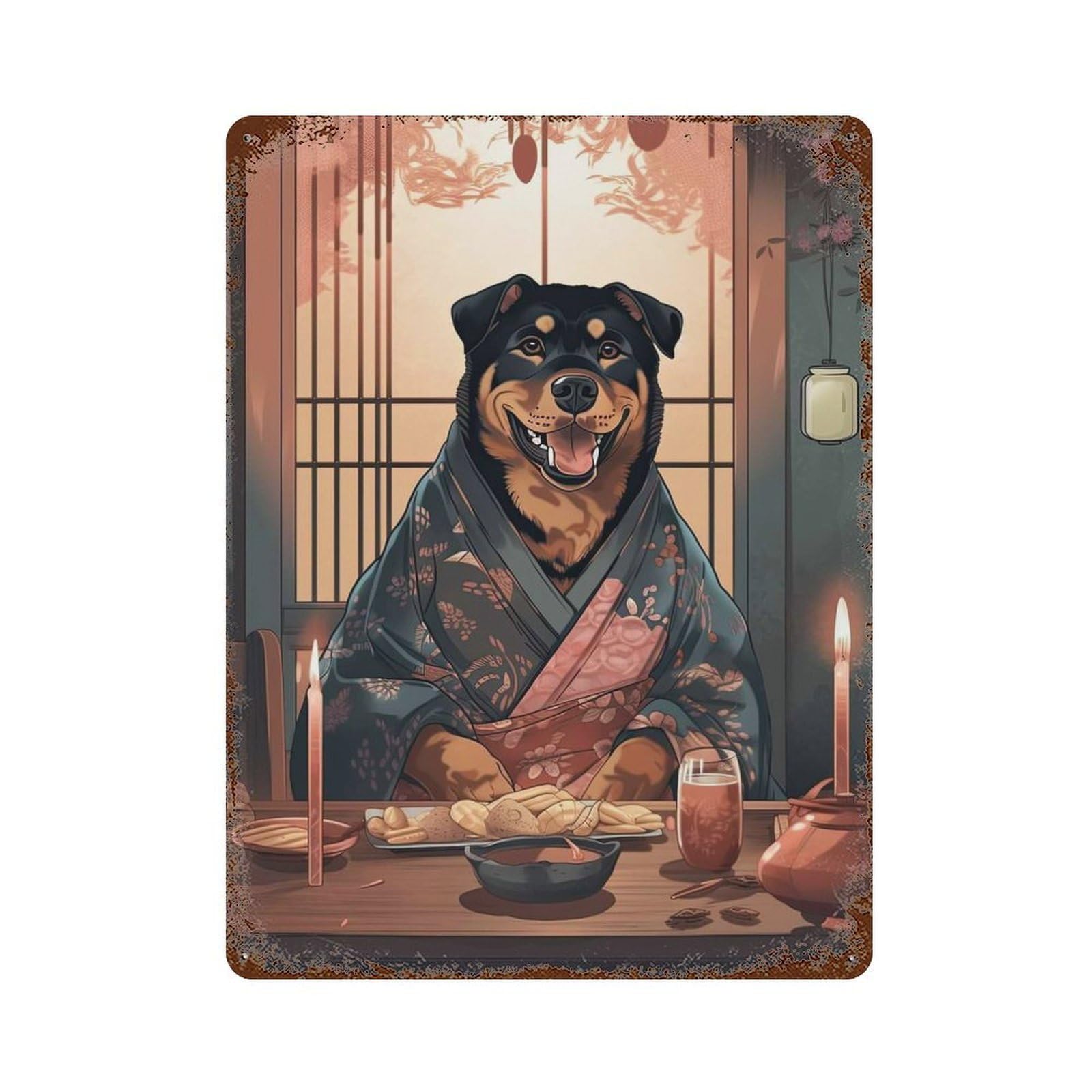 Garage Style Rottweiler Japanese Food Rust Effect Tin Sign 15.7"x11.8", Farmhouse Wall Decor for Bar And Workshop