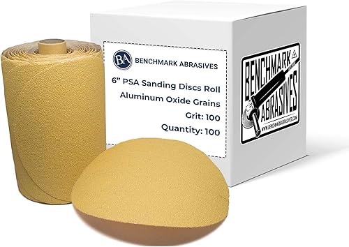 Benchmark Abrasives Rollo de disco de lijado PSA Gold autoadhesivo DA de 6 pulgadas, granos de óxido de aluminio diseñados para mezcla de
