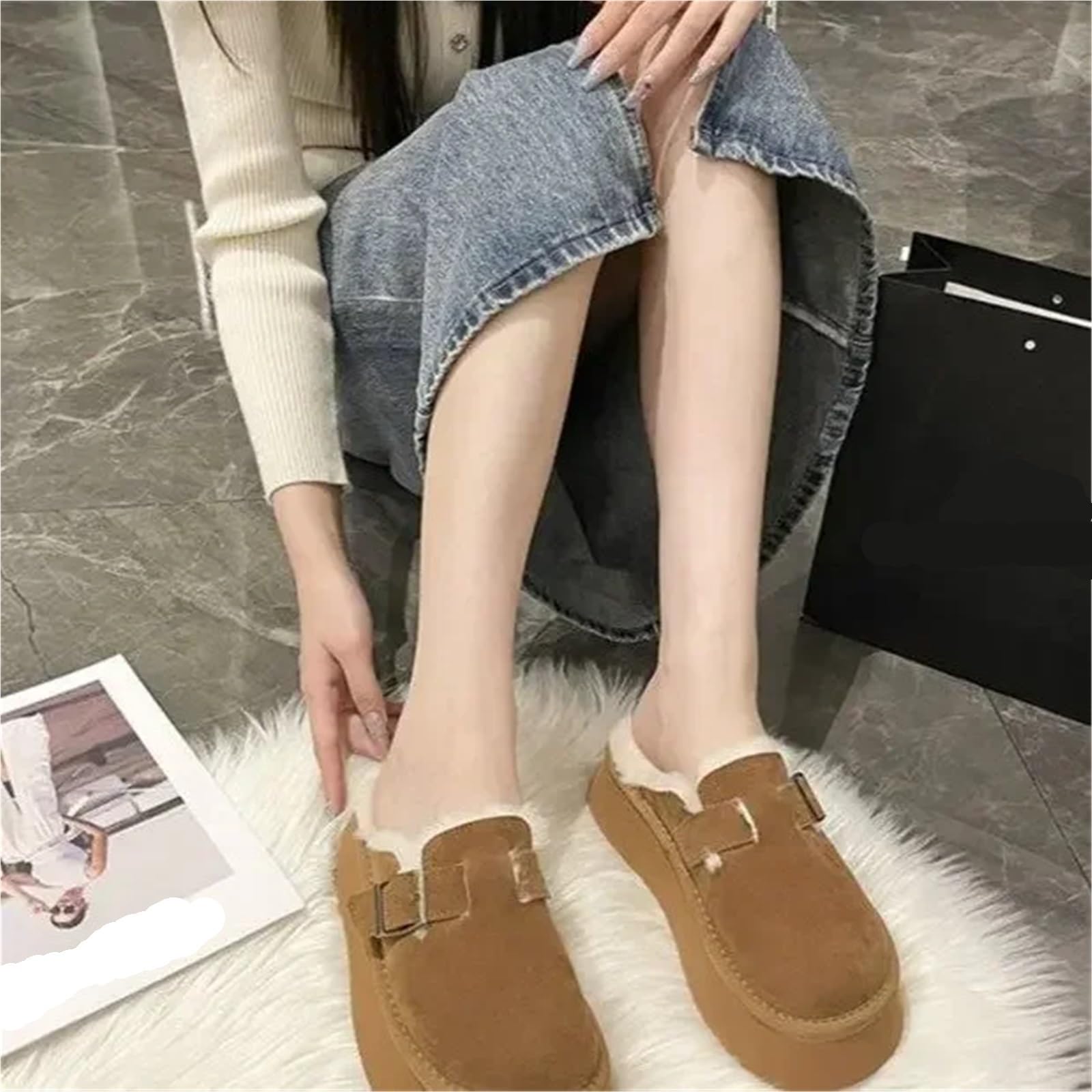 Zapatos Mujer Zuecos De Punta Redonda Calzado Femenino Zapatillas Tela Goma Invierno