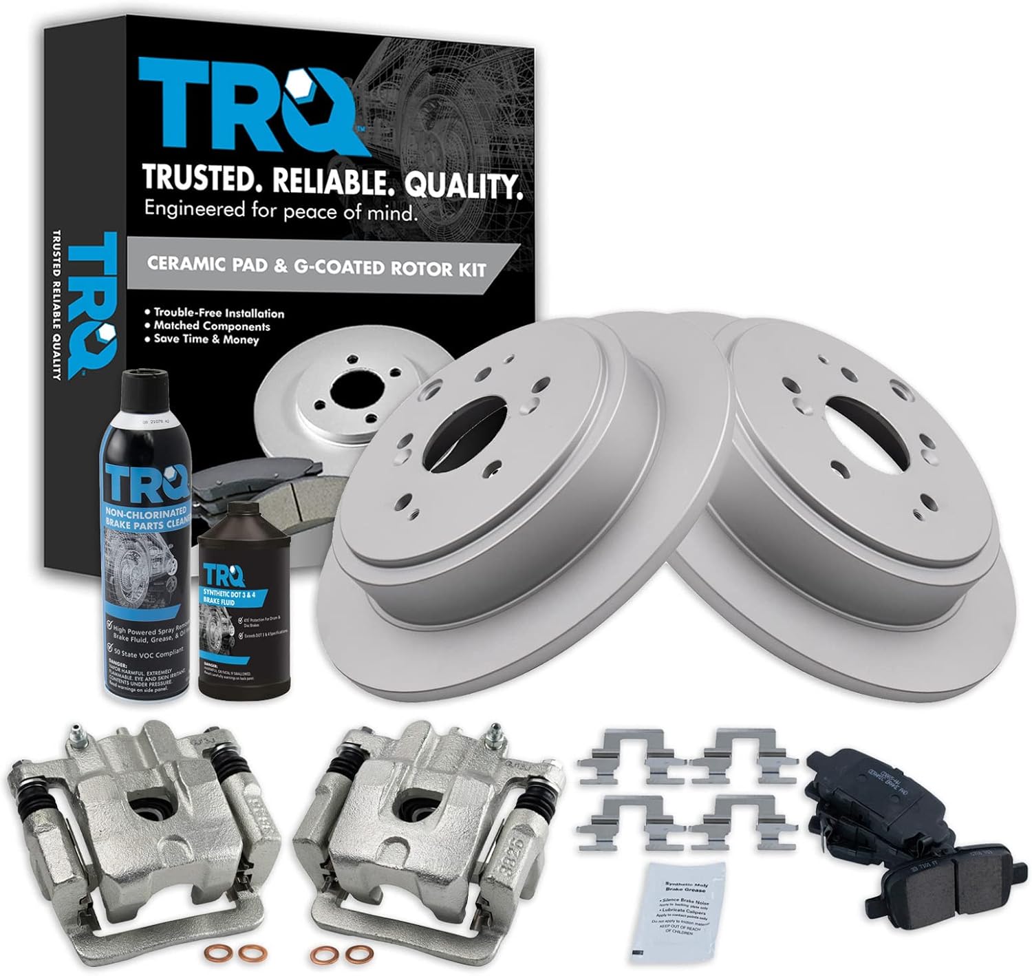 TRQ Rear Brake Pad & Rotor Kit Brake Caliper Brake Chemical Kit Brake Pads Brake Rotor Ceramic Premium G-Coated Compatible with 2001-2006 Acura MDX 2003-2008 Honda Pilot