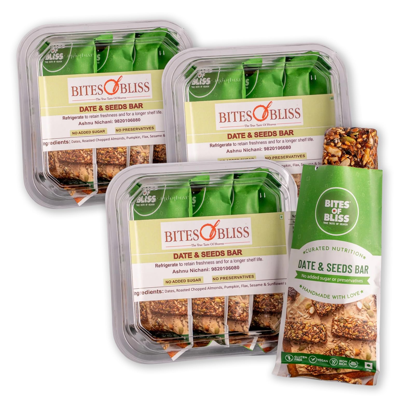 Bites of Bliss Date N Seeds Bar | Vegan Protein Bar Without Sugar | Dates, Almonds, Pumpkin, Sunflower, Flax, White & Black Sesame, Chia & Watermelon seeds | No Added Preservatives | Healthy Energy Bars | Double Pack — Amazon image 20