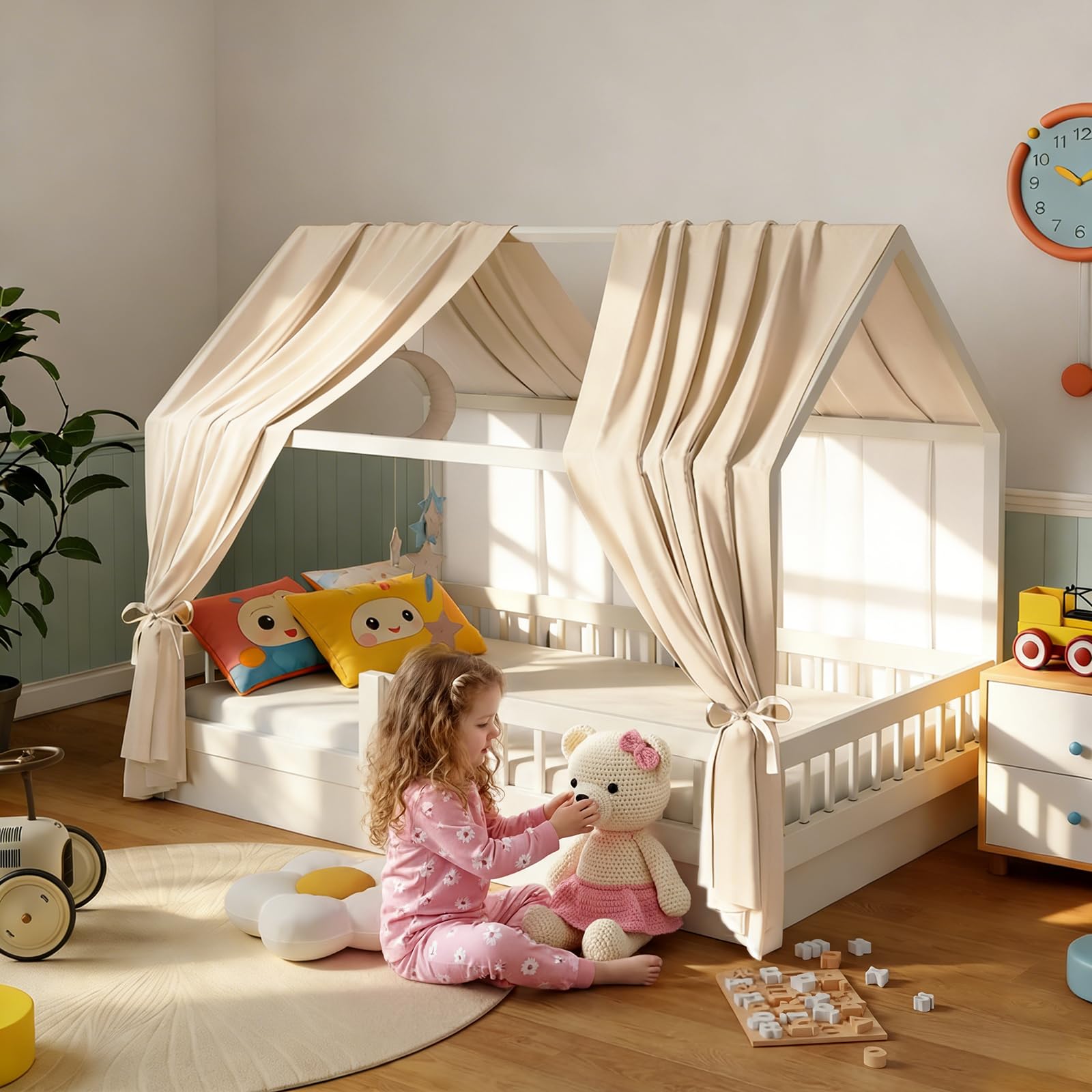 KVALY Kids Bed Canopy for Girls - Spring-Ale Fabric Soft House Bed Canopies Curtains Nursery Decorations for Children, 2 Panels Set (No Blackout, Decorations Not Included), Beige