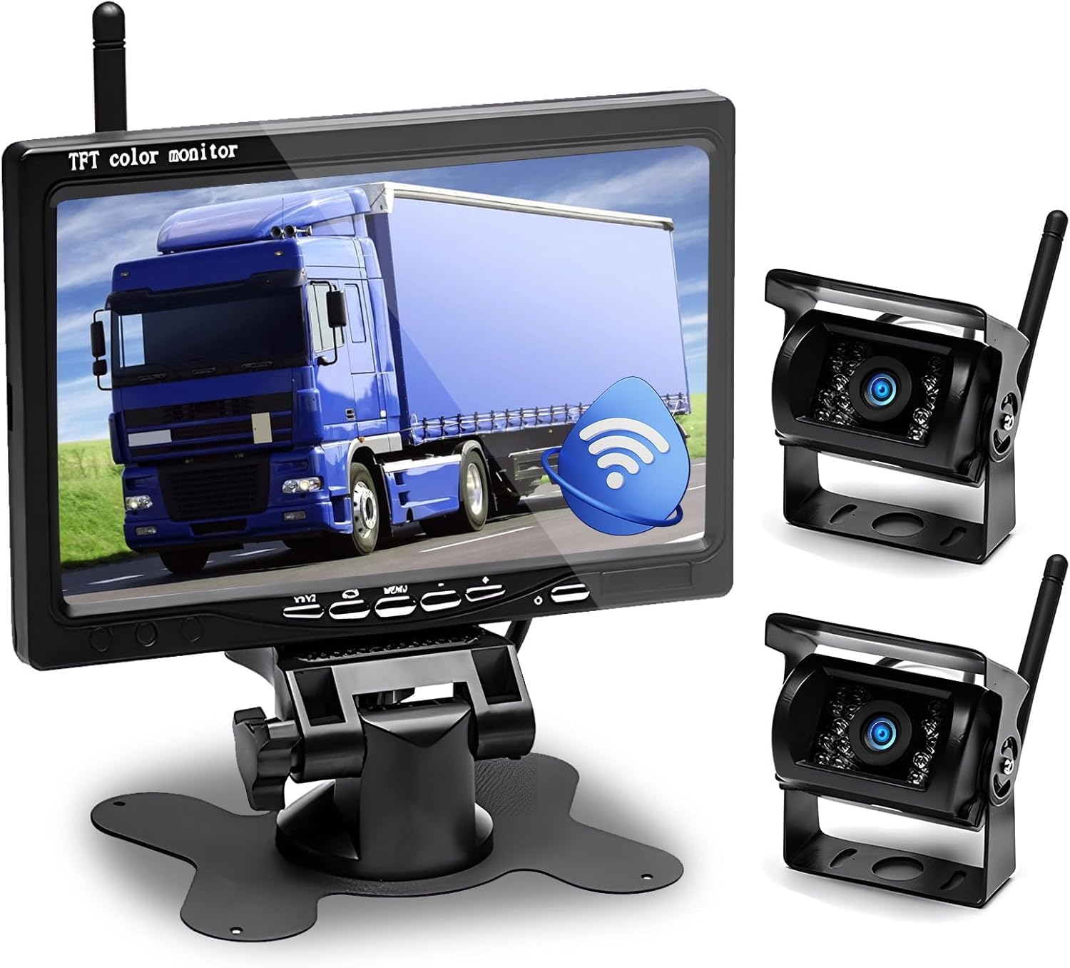 Hikity Caméra de Recul sans Fil 7" Kit Campeur avec 2 Caméras Arrière Divisées avec Vision Nocturne IP67 étanche pour Camions, Remorques Bus Voitures Camping-Cars Vans 12V-36V