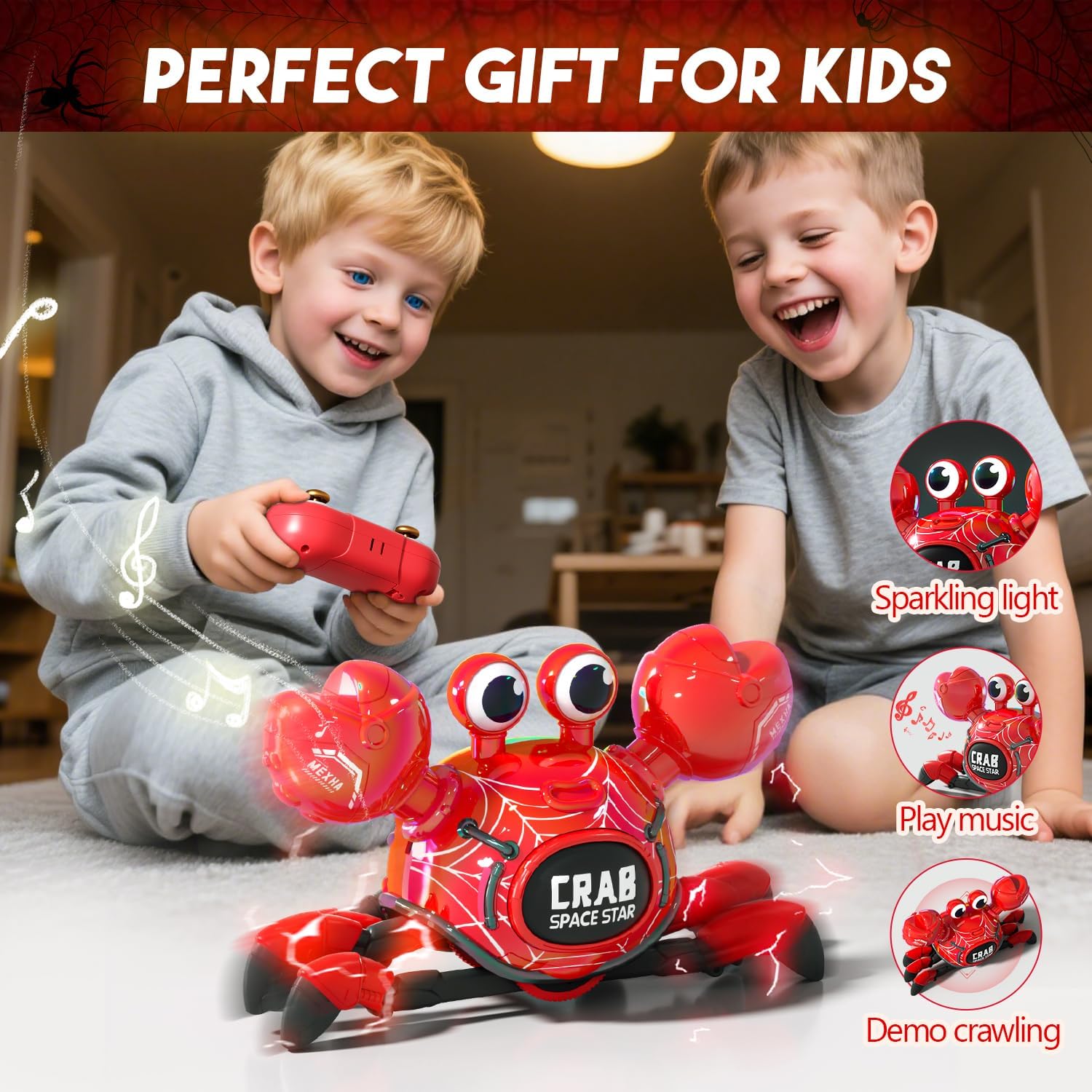 Remote Control Robot Crab Toy, Rechargeable With LED Lights And Music, Fast Crawling 360-Degree Stunt Rotation, 2.4GHz RC Robot Toys, 3 4 5 6 7 8 9 10 Birthday Gifts For Boys And Girls (Red)