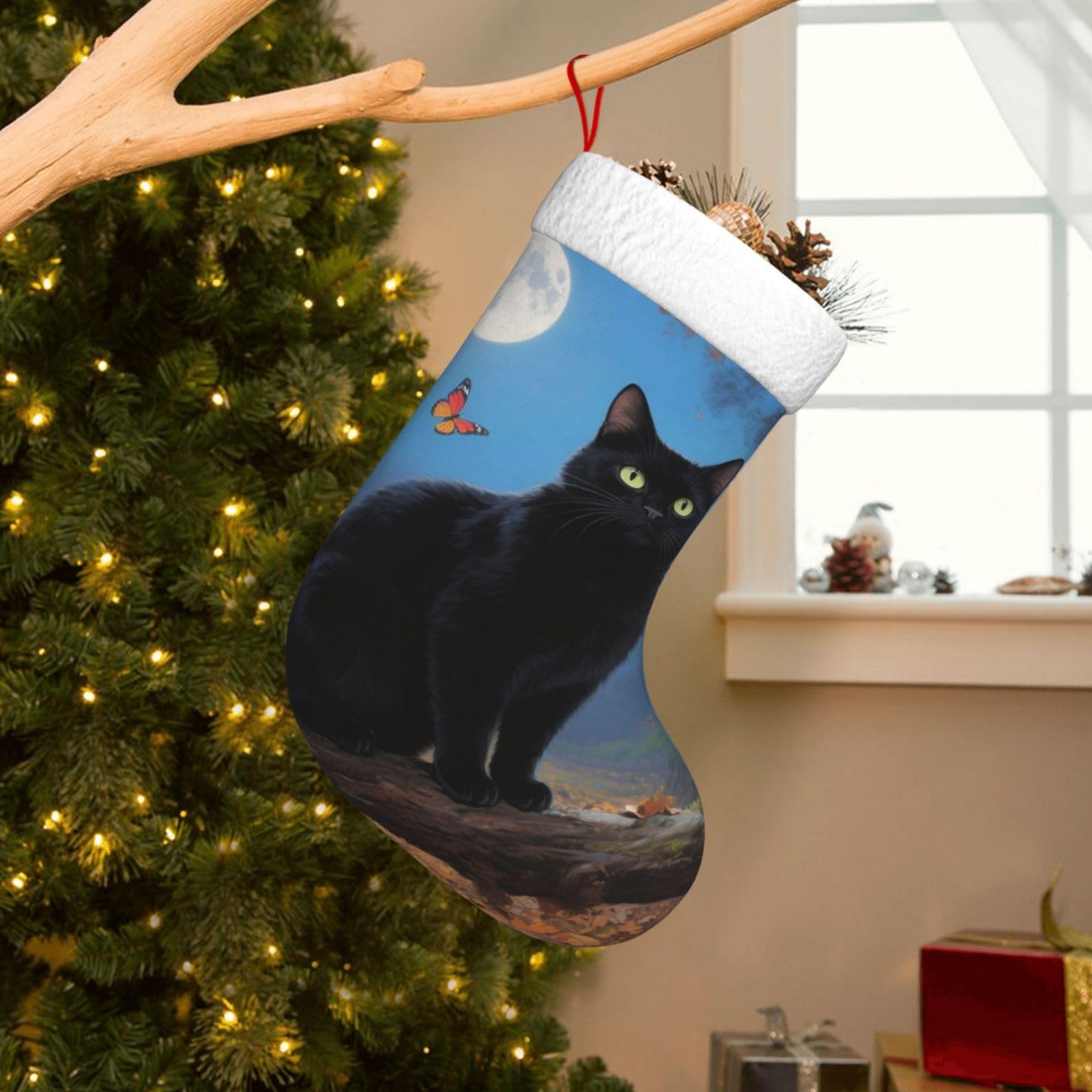 Velvet Christmas Stockings 17.7 Inch, Cat Tapestry Moon Butterfly Xmas Stocking with Soft Cuff,Classic Personalized Christmas Tree Decoration for Family Holiday New Year Party Supplies