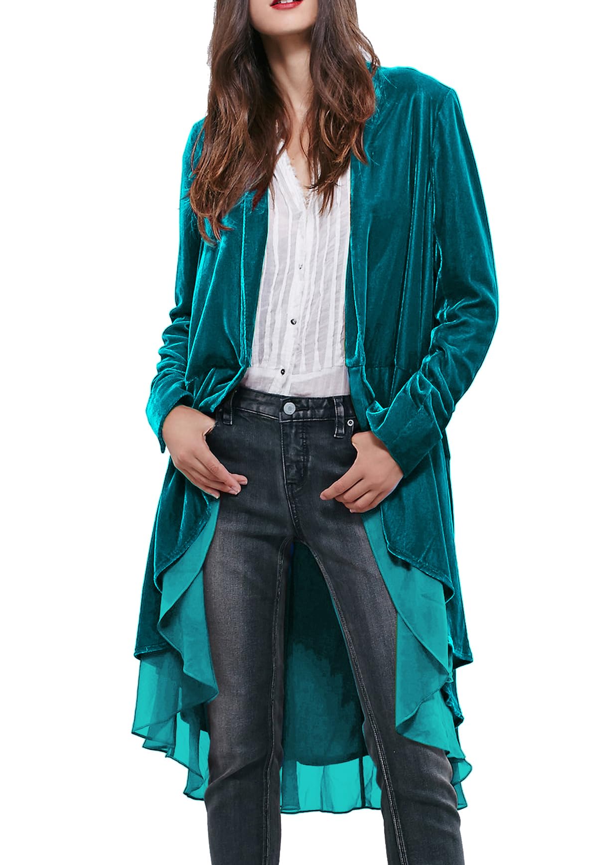 R.Vivimos Autumn Winter Women Velvet Ruffle Coat Casual Vintage Long Jacket Collarless Classic Swallowtail Hem Blazer(XLarge,SeaBlue)