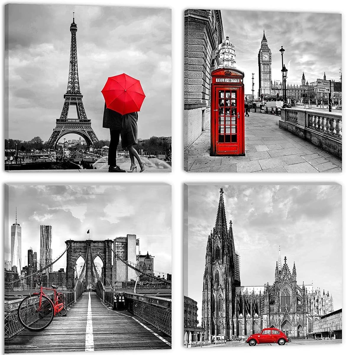 Bpa Paris Eiffel Tower Canvas Print Wall Art Decoration Painting Set 4-Pieces, 16-Inch x 16-Inch Size, White