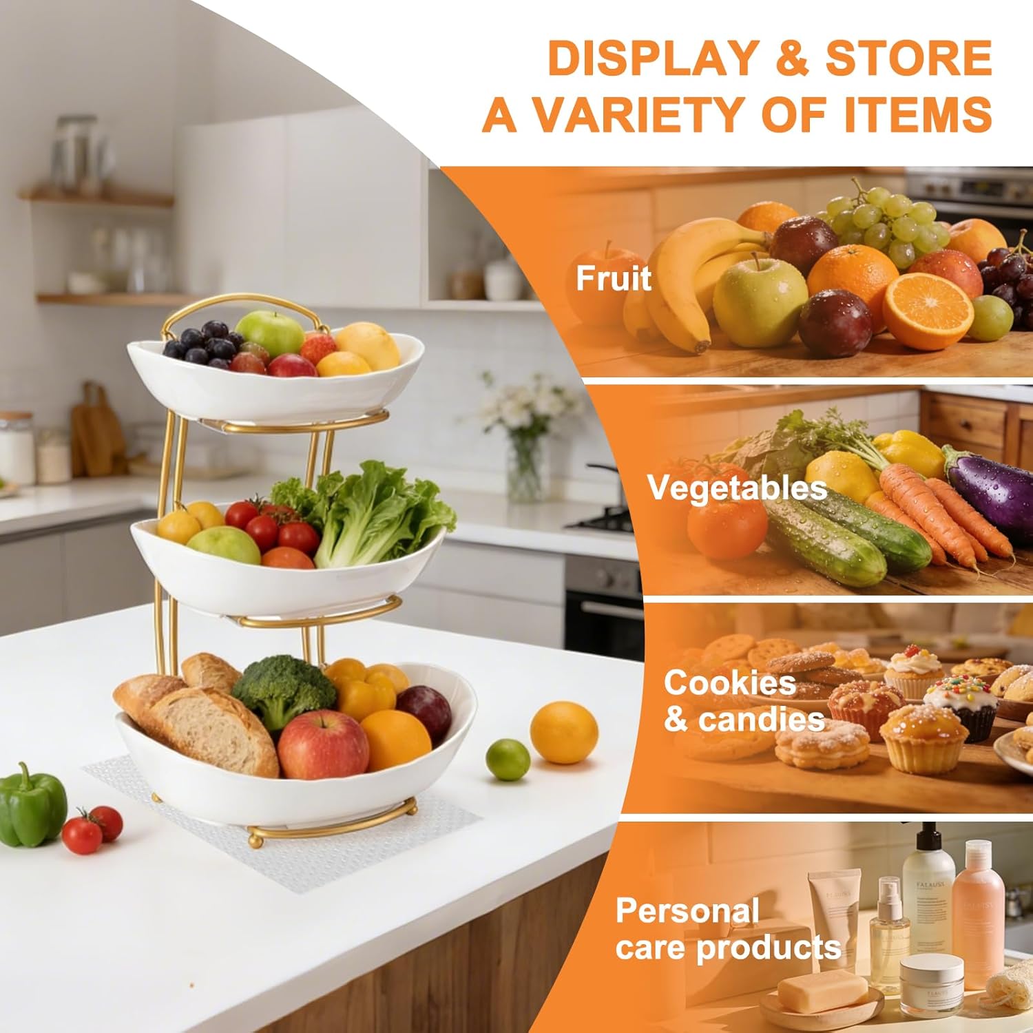 3 Tier Fruit Bowl with Non-Slip Mat, Fruit Baskets with Reinforced Metal Frame & Silicone Anti-Slip Sleeves, Fruit Tray for Kitchen Counter with Drop-Proof Hook, Ideal for Storing Fruit, Snacks, Nuts