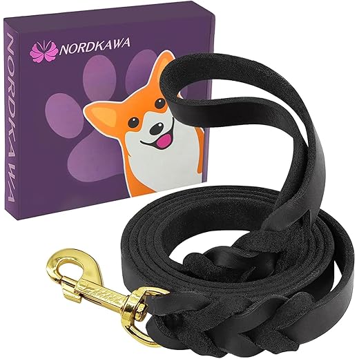 Leather Dog Leash, 5ft/6ft/8ft Braided Leather Leash for Dogs, Heavy Duty Dog Leashes with Rotating Clasp, Soft and Durable Leather Dog Training Leash for Large Medium Small Dogs (Black, 6Ft x 5/8")