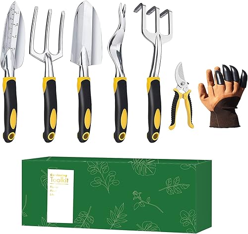 Juego de herramientas de jardín de 7 piezas de aluminio resistente, kit de herramientas de jardinería ergonómicas, agarre de goma, tijeras de podar