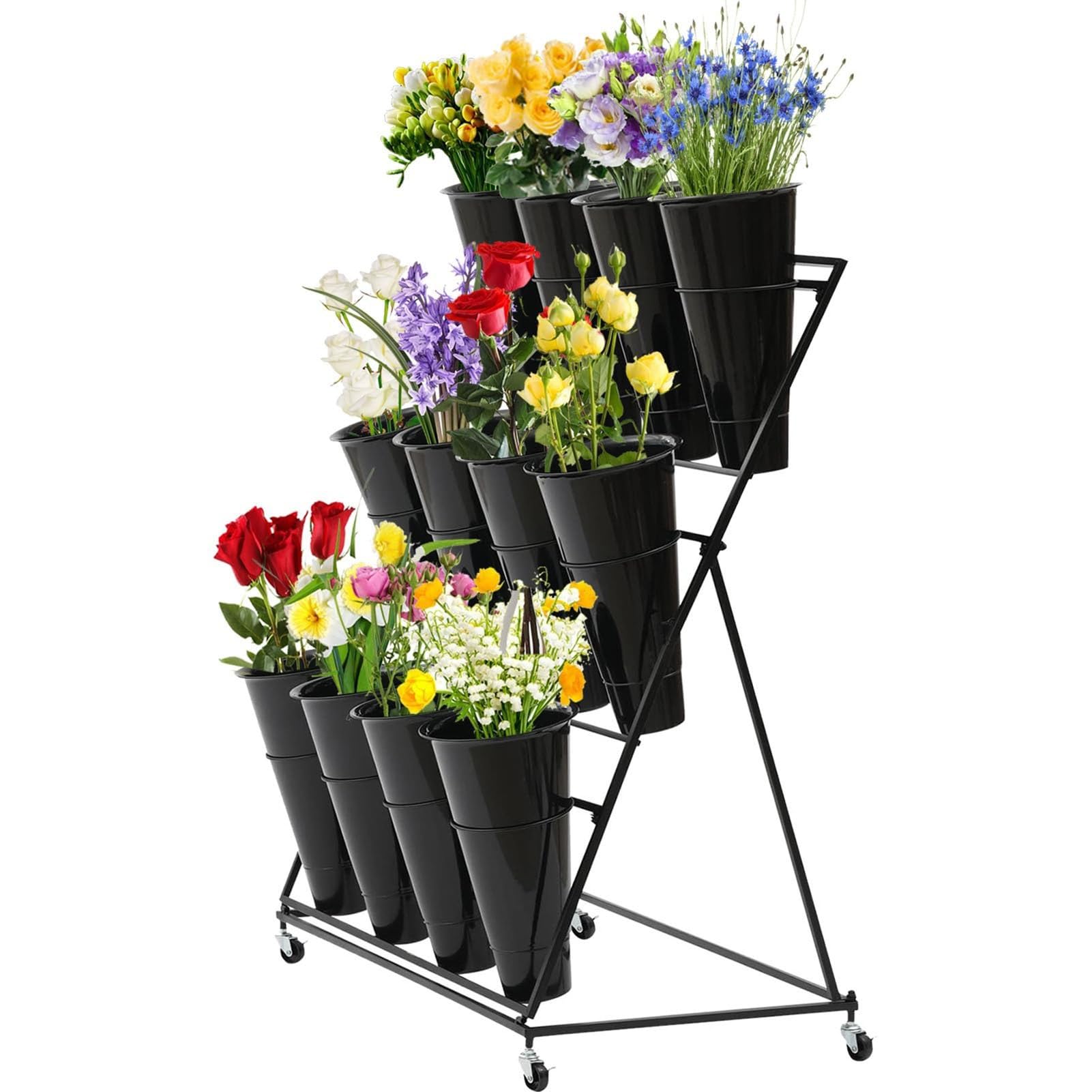 XBTGS Outdoor flower stand - Flower display stand with 12 buckets, 3-tier heavy-duty mobile metal plant stand with wheels and buckets, wrought iron flower cart with w,