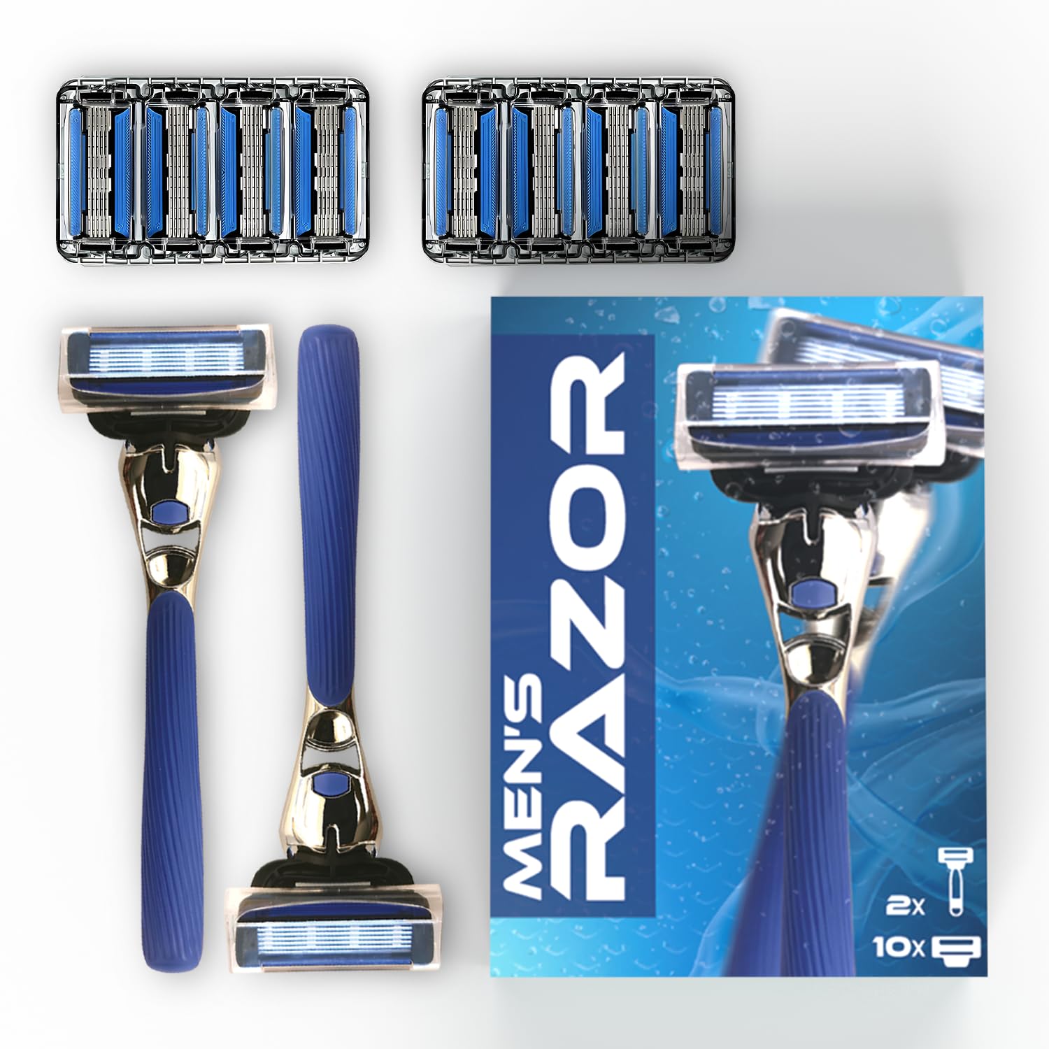 FOREVER GEM Mens Razor with 2 Handles 10 Refill Blades 7 Blade for Smooth Close Shave Precision Trimmer