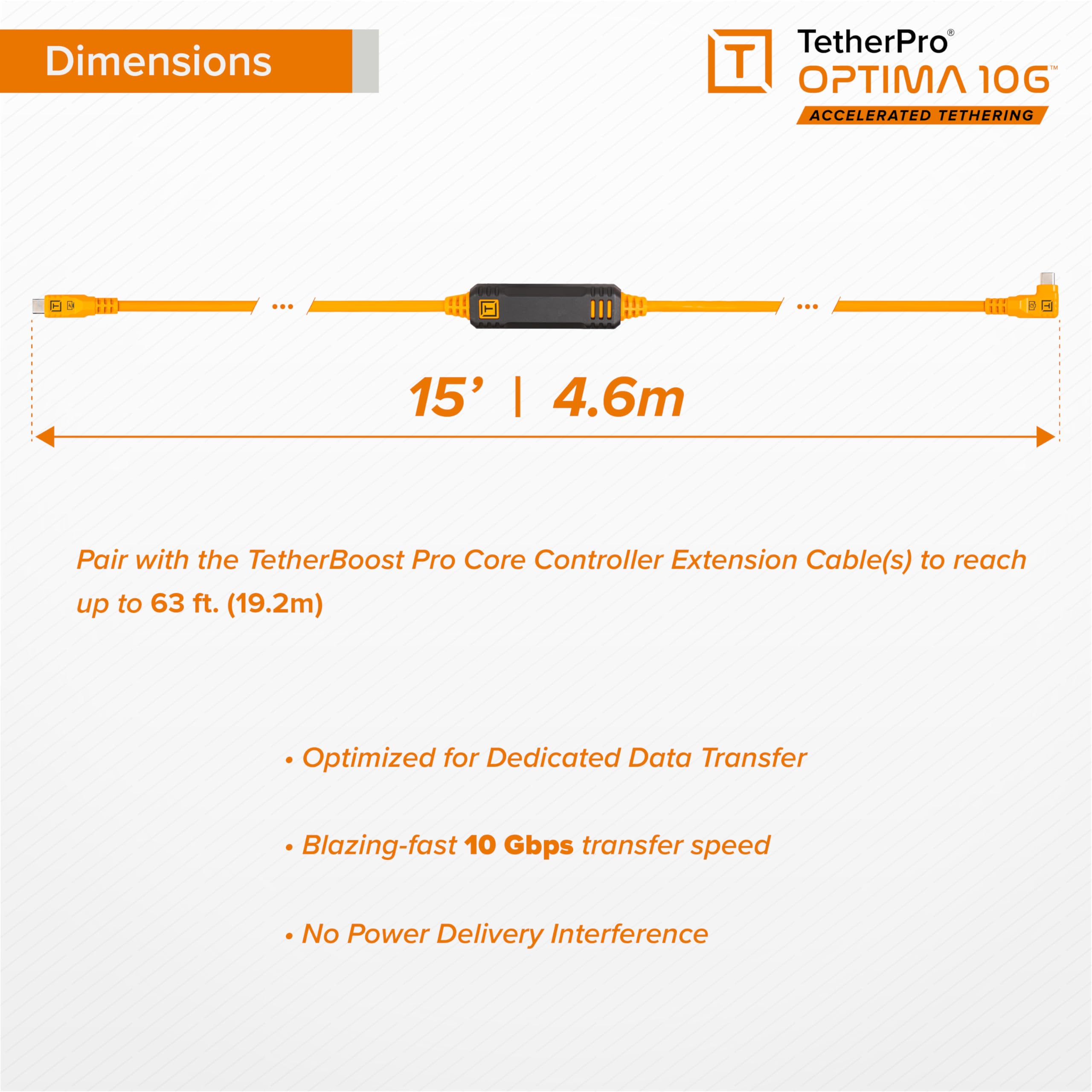 TetherPro Optima 10Gbps Gen 2 USB-C, 15' (4,6 m), diritto a destra, alta visibilità arancione